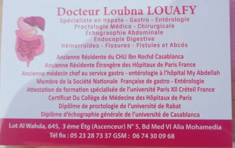 Dr Loubna Louafy, Gastro-Entérologue et Proctologue