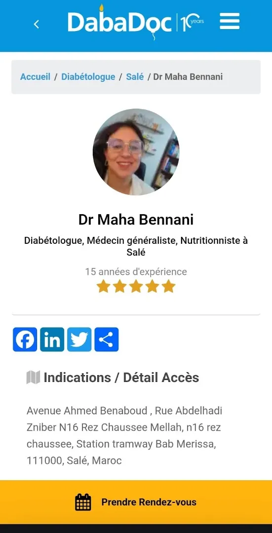 Dr Bennani Maha - Médecin généraliste, diabétologue, nutritionniste et médecin du travail